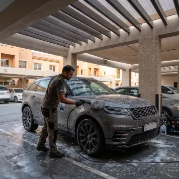Technician performing a mobile car wash at a parking space