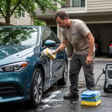 Technician manually washing a vehicle
