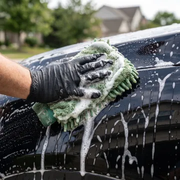 Detailer cleaning vehicle paintwork by hand