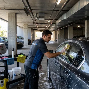 Technician washing a car at home