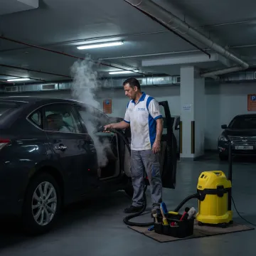 Technician detailing a car interior