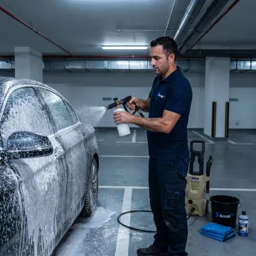 Technician washing a car at a Dubai residence