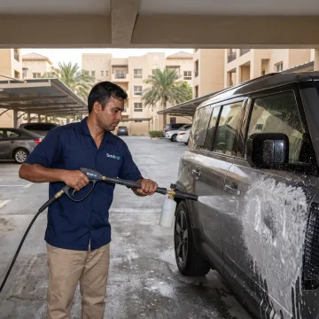 Technician cleaning a car at a Dubai parking space