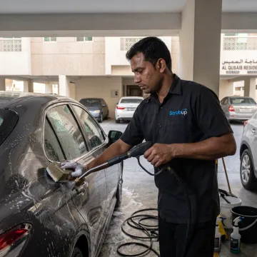 Mobile technician washing a car in Al Qusais