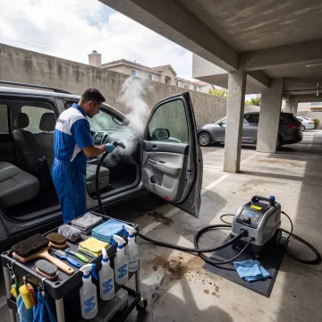 Technician professionally cleaning a parked car