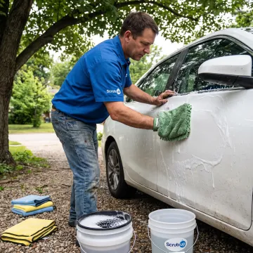 Microfiber hand washing a car panel