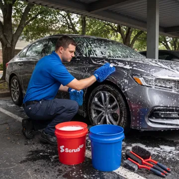 Person safely washing a car at home