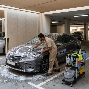Technician washing a car at a residential parking space