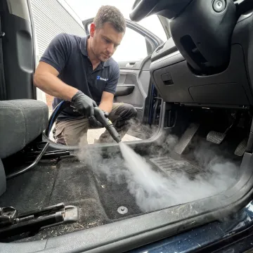 Technician steam-cleaning a car carpet
