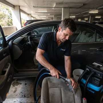 Mobile technician extracting dirt from car seat upholstery