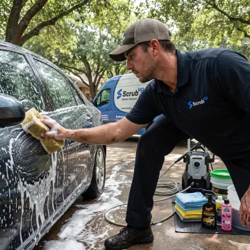 Technician washing a car at a residential parking spot