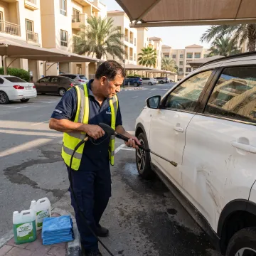 Technician cleaning a car at a residential parking space