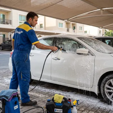 Technician washing a car at a Dubai parking space