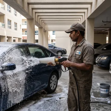 Technician applying foam to a car in Dubai