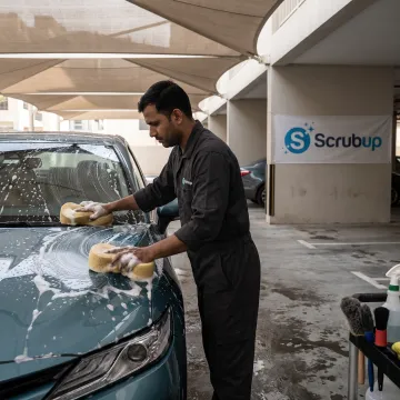 Technician cleaning a car at a residential parking space
