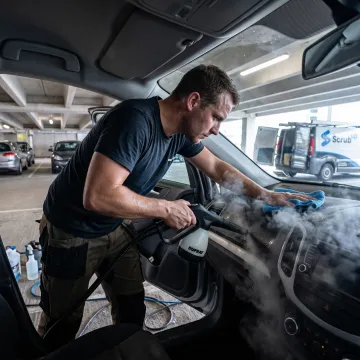 Mobile technician detailing a car interior
