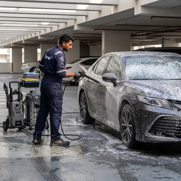 Technician cleaning a car at a Dubai parking space