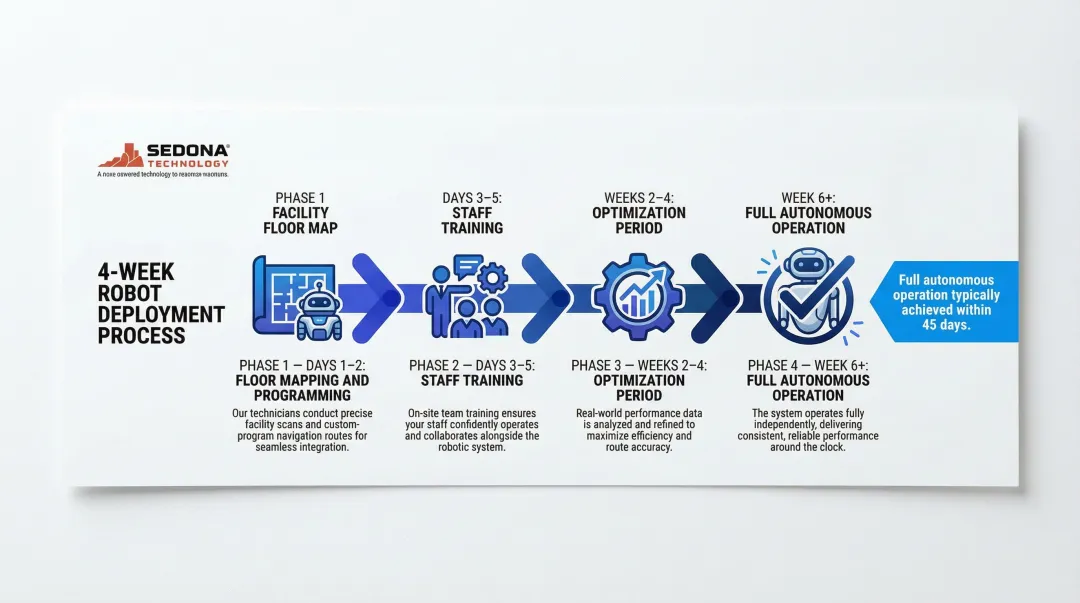 Autonomous cleaning robot supermarket deployment timeline from setup to full operation
