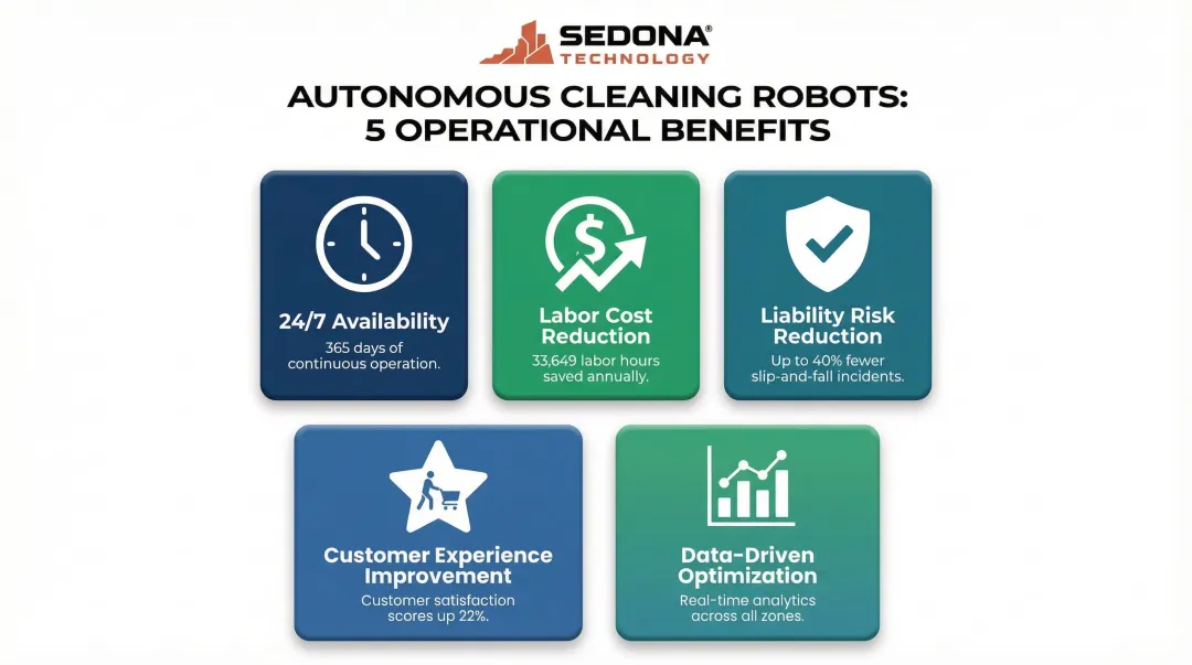 Five key operational benefits of autonomous cleaning robots for supermarkets infographic
