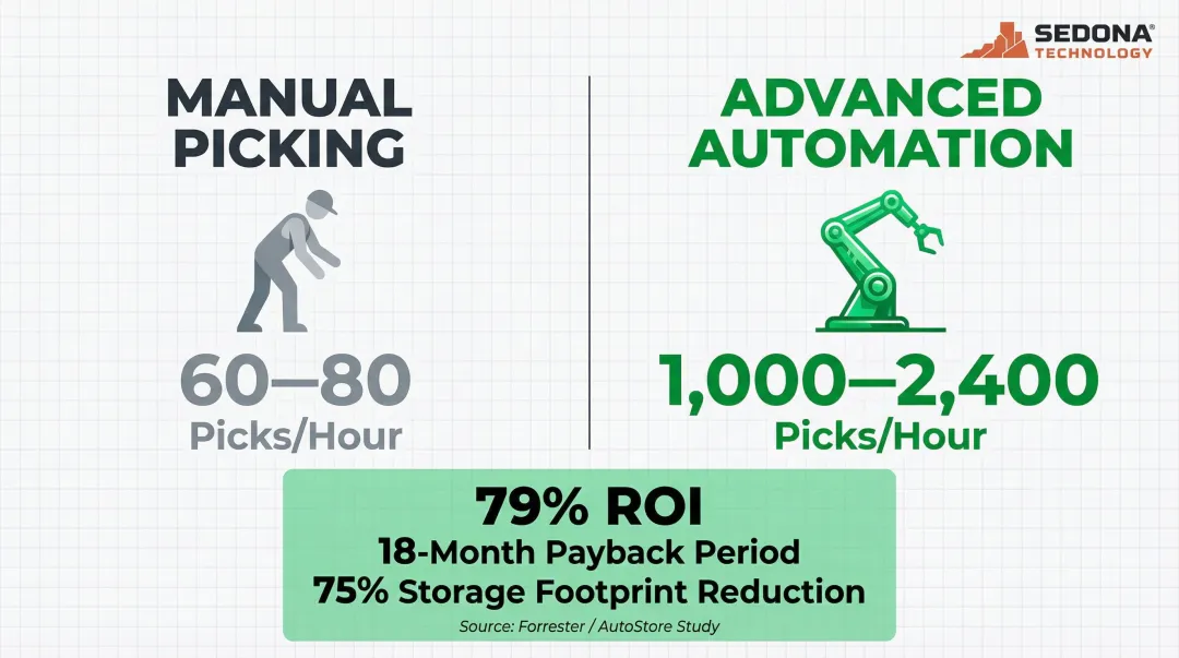 Warehouse robot throughput versus manual picking speed comparison statistics infographic