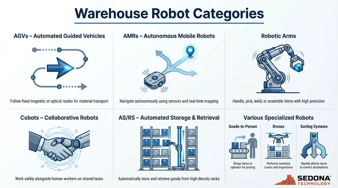 Six warehouse robot types overview from AGVs to aerial drones infographic