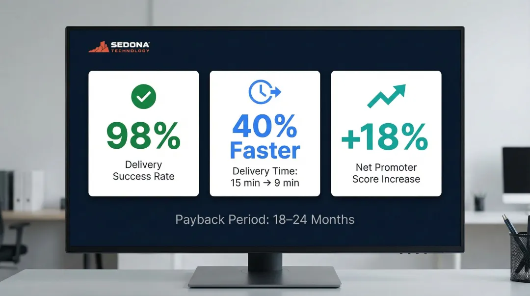Hotel delivery robot ROI metrics showing 98 percent success rate and 18 percent NPS increase
