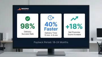 Hotel delivery robot ROI metrics showing 98 percent success rate and 18 percent NPS increase