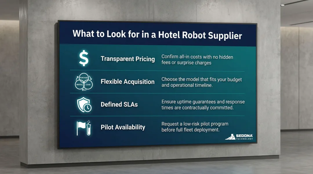 Four-criteria hotel delivery robot supplier evaluation checklist infographic