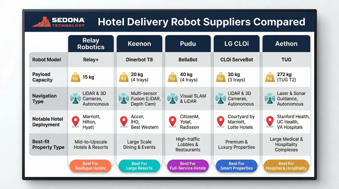 Top five hotel delivery robot suppliers comparison chart with key specs and deployments
