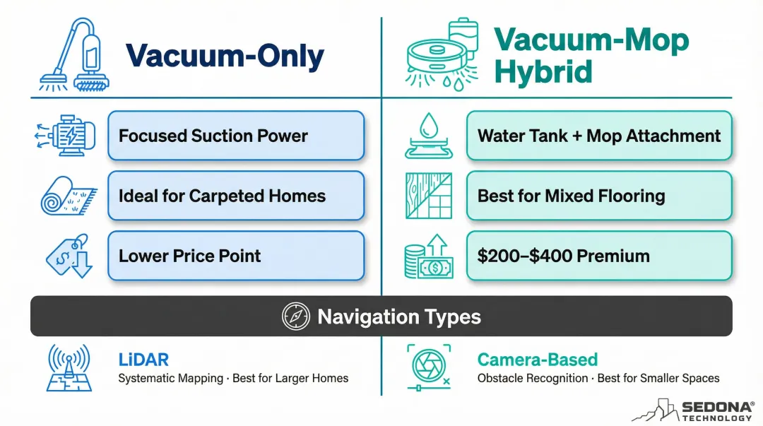 Vacuum-only versus hybrid robot vacuum mop comparison infographic with navigation types