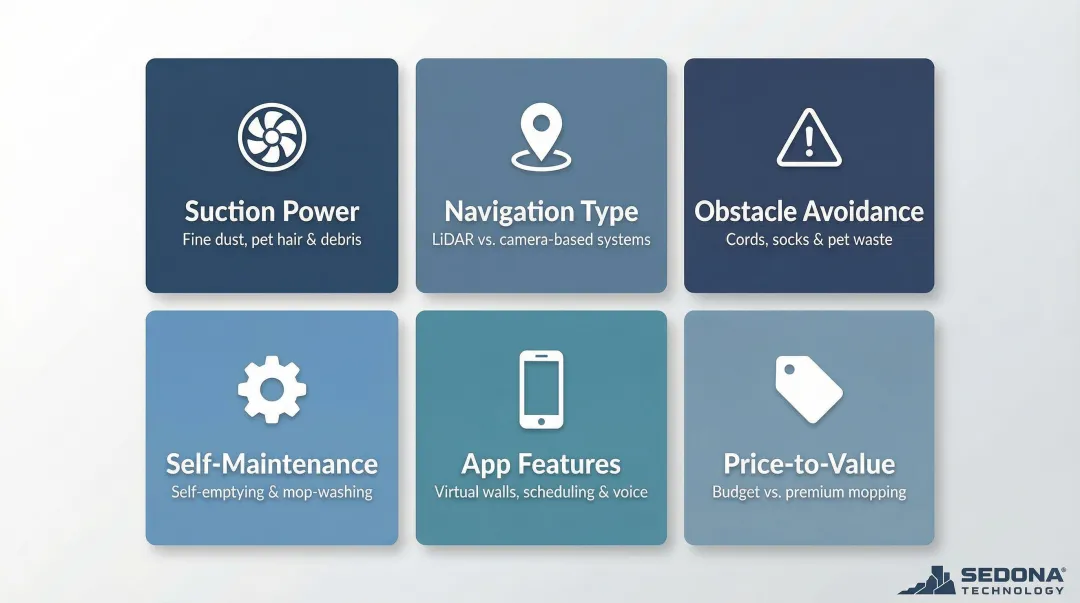 Six key robot vacuum evaluation criteria comparison framework infographic