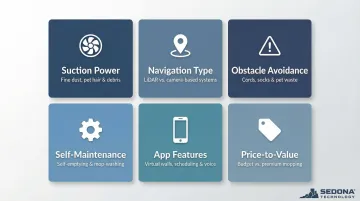 Six key robot vacuum evaluation criteria comparison framework infographic
