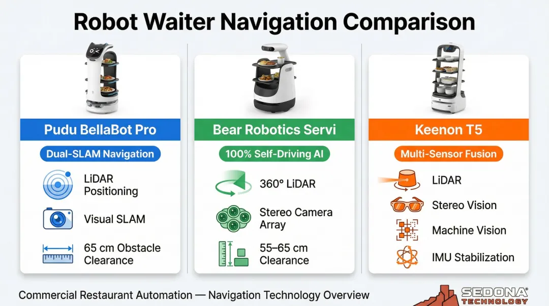 Three robot waiter navigation technology comparison LiDAR SLAM sensor systems