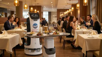 Robot waiter delivering food trays in busy restaurant dining room setting