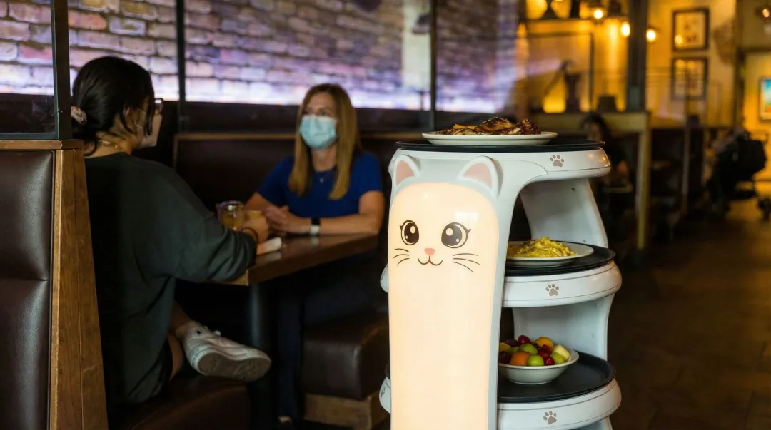 BellaBot cat-themed delivery robot serving customers in busy restaurant environment