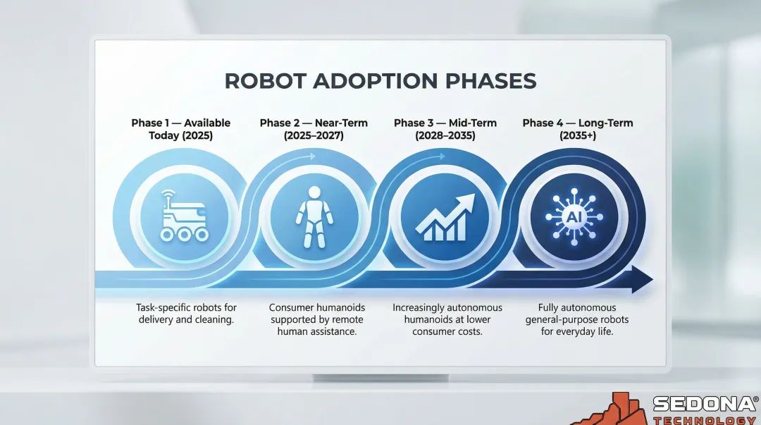 Robot butler adoption timeline four phases from 2025 available today to 2035 plus fully autonomous