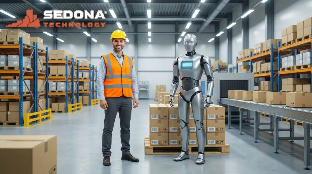 Factory supervisor giving verbal instructions to humanoid robot on production floor