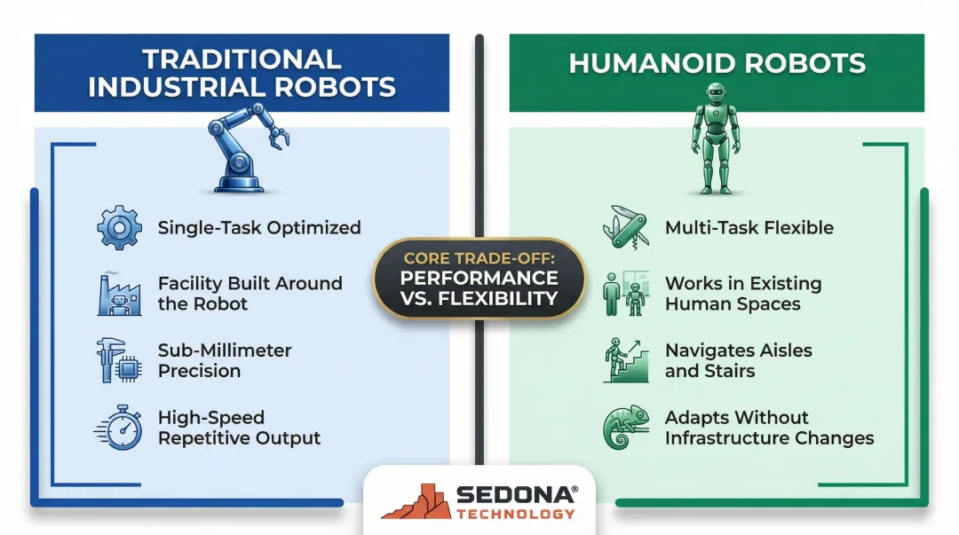 Humanoid robots versus traditional industrial robots flexibility and performance comparison