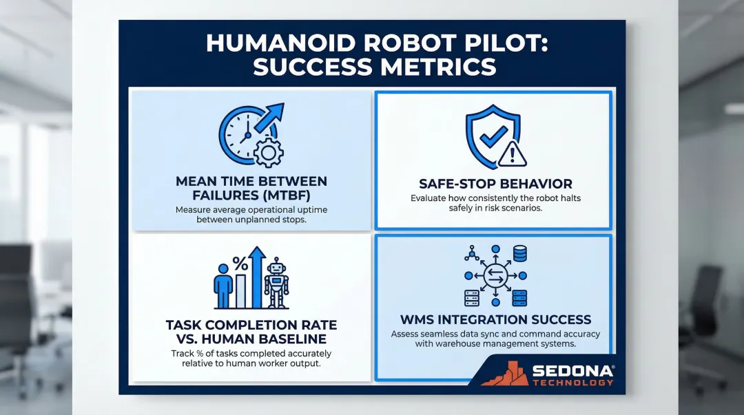 Four-metric humanoid robot pilot program success evaluation framework infographic