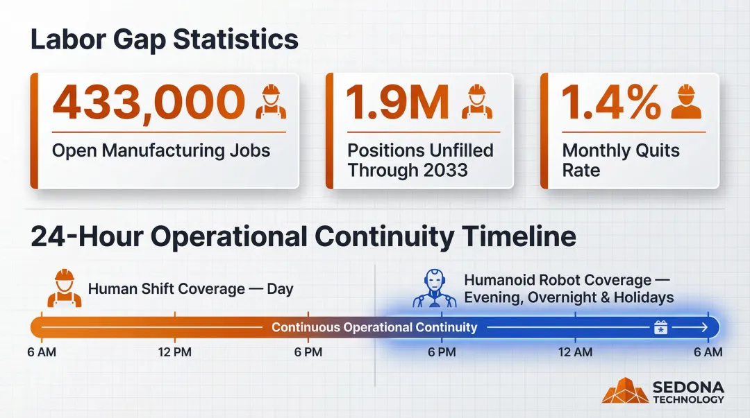 Manufacturing labor shortage statistics and humanoid robot operational continuity benefits infographic