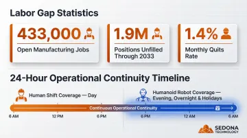 Manufacturing labor shortage statistics and humanoid robot operational continuity benefits infographic
