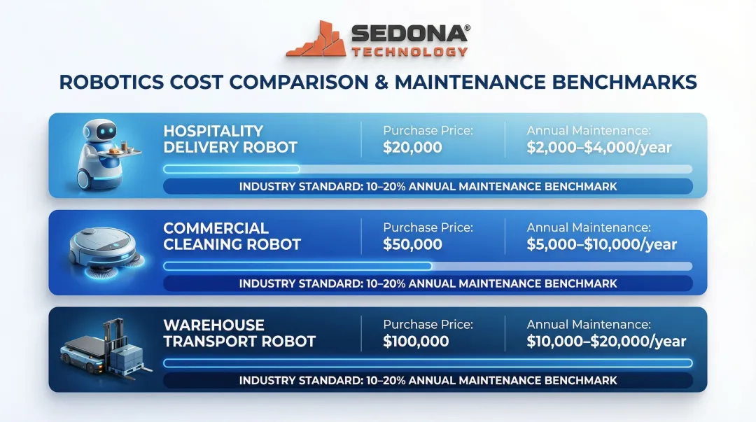 Annual robot maintenance cost breakdown by robot type and purchase price