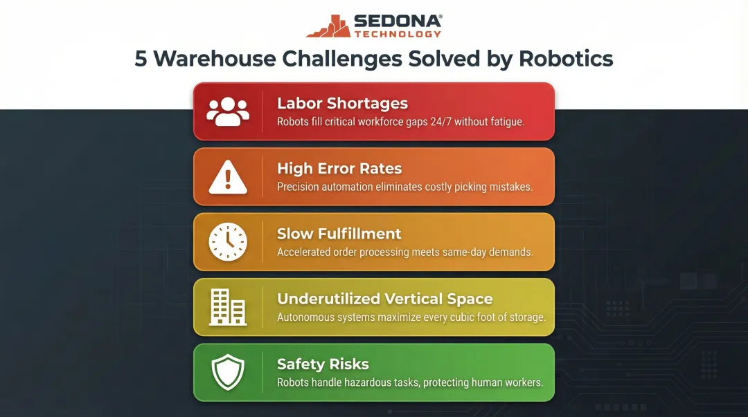 Five key warehouse problems solved by automation robots infographic