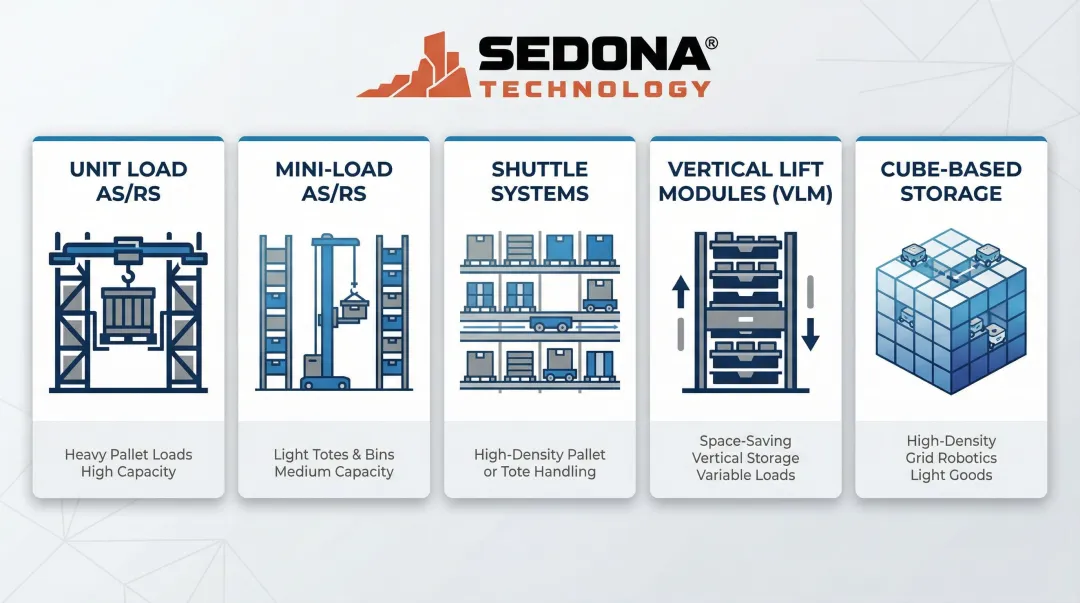 Five AS/RS system sub-types comparison infographic for warehouse storage