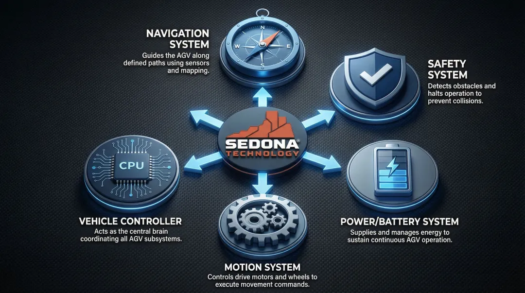 5 core AGV industrial robot components process diagram with icons