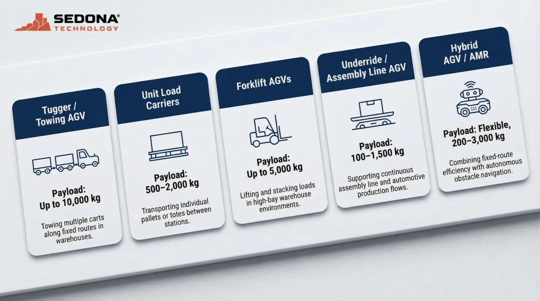 Five AGV industrial robot types comparison chart with payload and use cases
