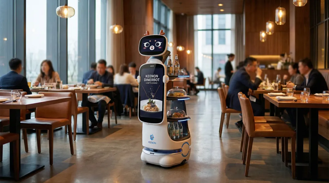 KEENON DINERBOT serving robot navigating restaurant dining floor with food tray