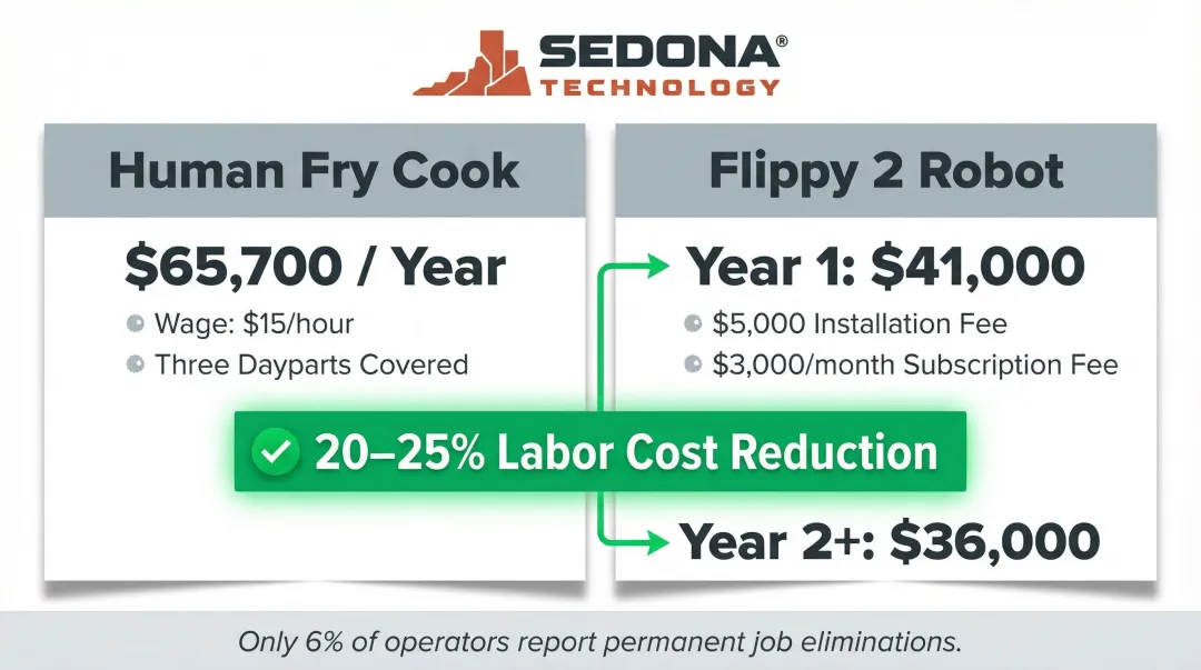 Restaurant robot labor cost savings comparison human worker versus Flippy 2 annual costs