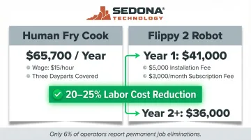 Restaurant robot labor cost savings comparison human worker versus Flippy 2 annual costs
