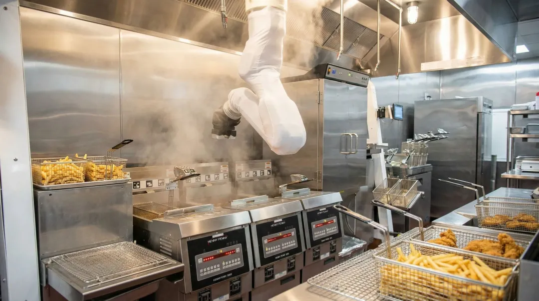 Commercial kitchen cooking robot automating fry station food preparation tasks